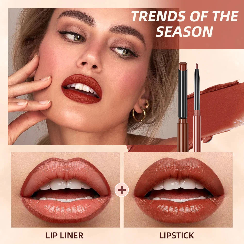 QIBEST 2Pcs Lipstick Lipliner Pen Set Matte Velvet Lip Liner Pencil Contour Makeup Sexy Red Lip Stick Long Lasting Cosmetics